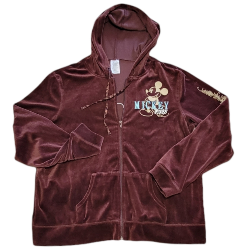 Mickey Mouse Brown Velvet Full Zip Hooded Jacket Size Women's XL‎